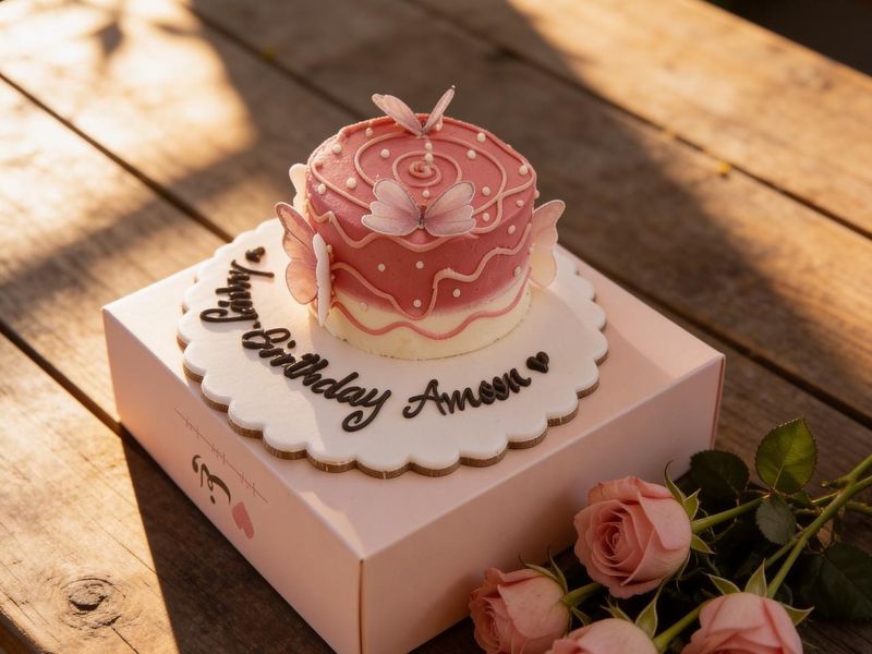 كيكة يوم ميلاد مع فراشات كتابة على القاعدة حجم صغير